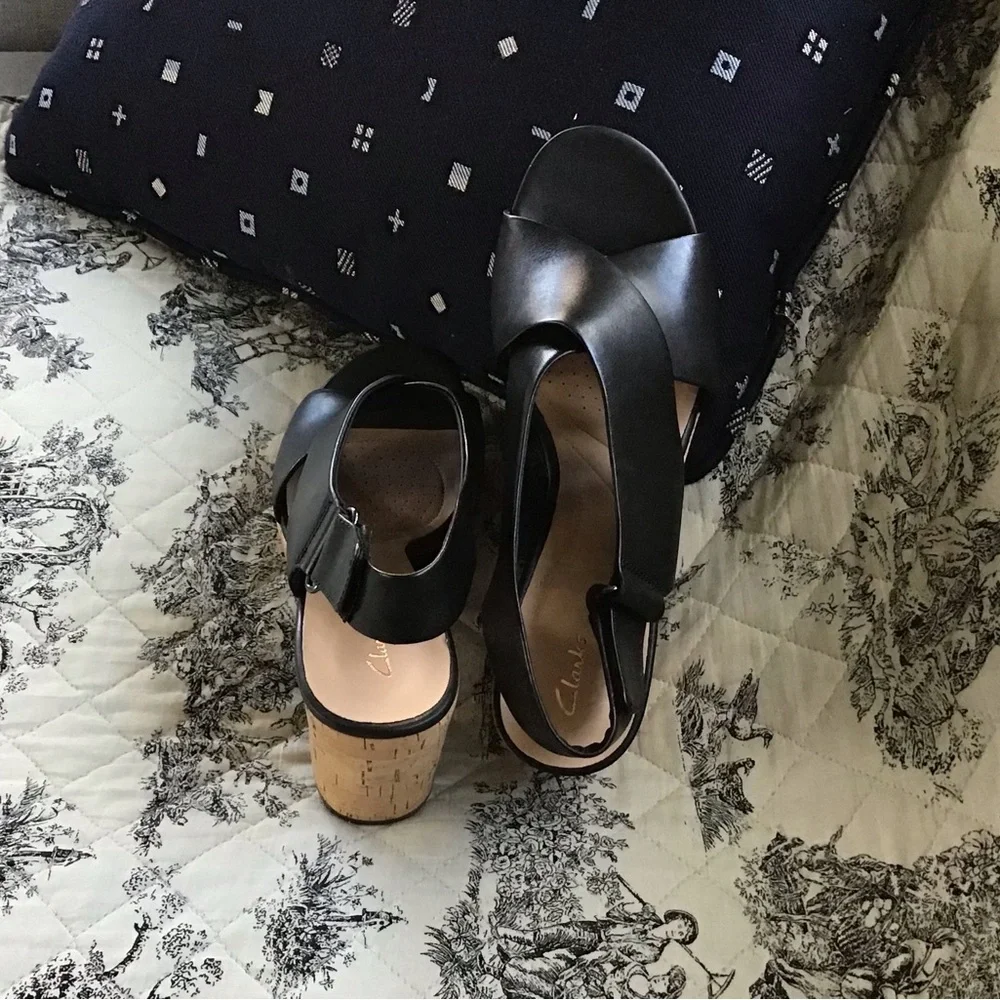 Clarks Black Leather Cross‑Strap Cork Wedge Sandals